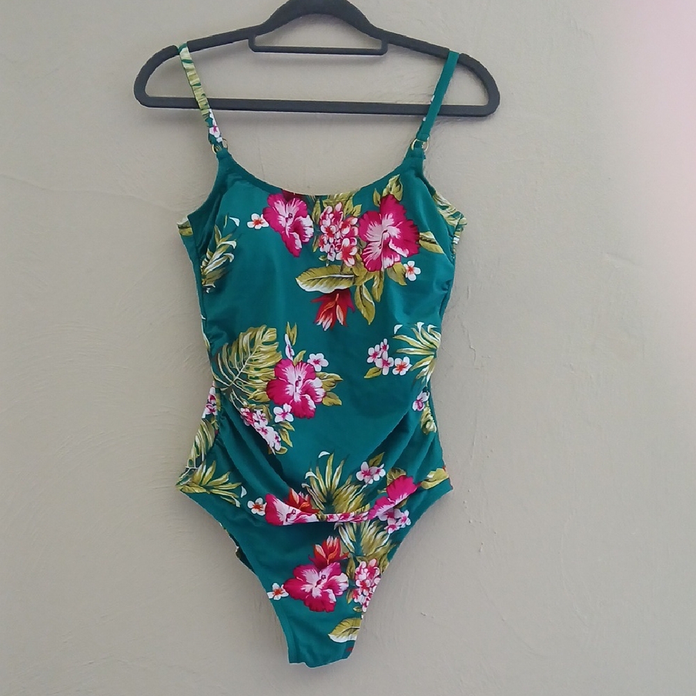Kona Sol Green and Pink One Piece Swimwear Tropical Vibes Sz M‎